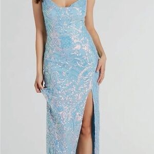 Phoebe formal Light Blue Sequin Dress with High Side Slit